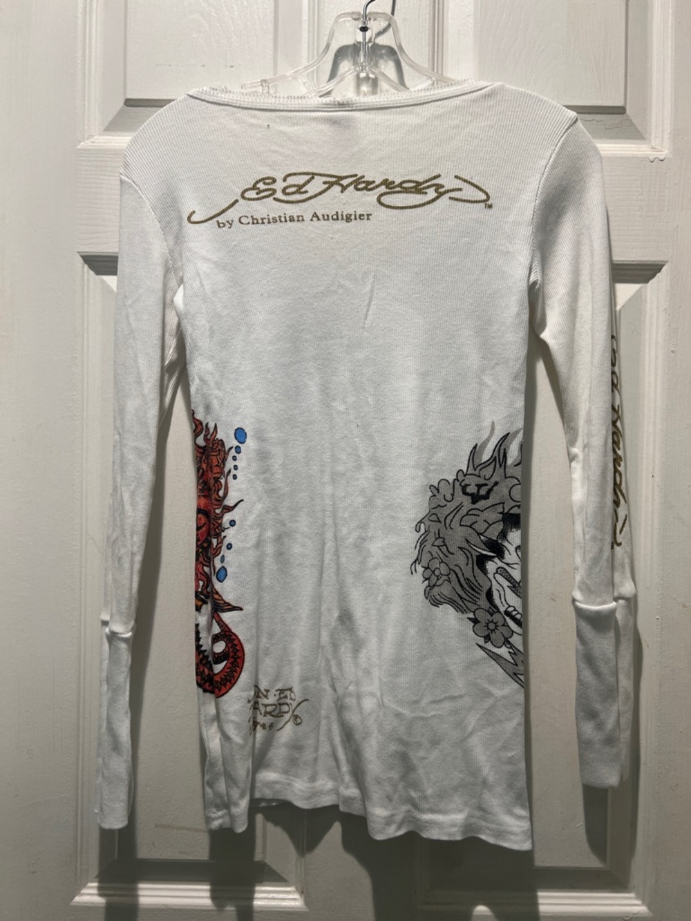 Ed Hardy White Long Sleeve V-Neck Top with Gold, Black and Red Graphics - Picture 7 of 9